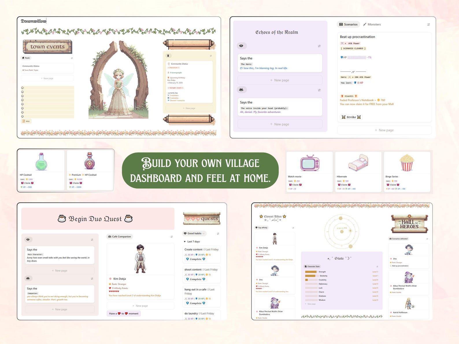 Village Dashboard Gamified Notion Template | With Quests, Habit Tracker ...