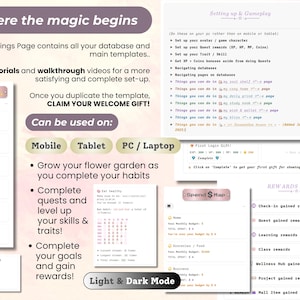 May include: A digital planner interface with text that reads "Where the magic begins." The interface includes sections for settings, traits, and rewards. It is designed for use on mobile, tablet, and PC/laptop devices. The interface has a light and dark mode.