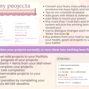 May include: A digital interface with the words "my projects" at the top, featuring project tracking and a game-like interface. The screen displays project details, milestones, and a "Fight Status" section with rewards and stats.