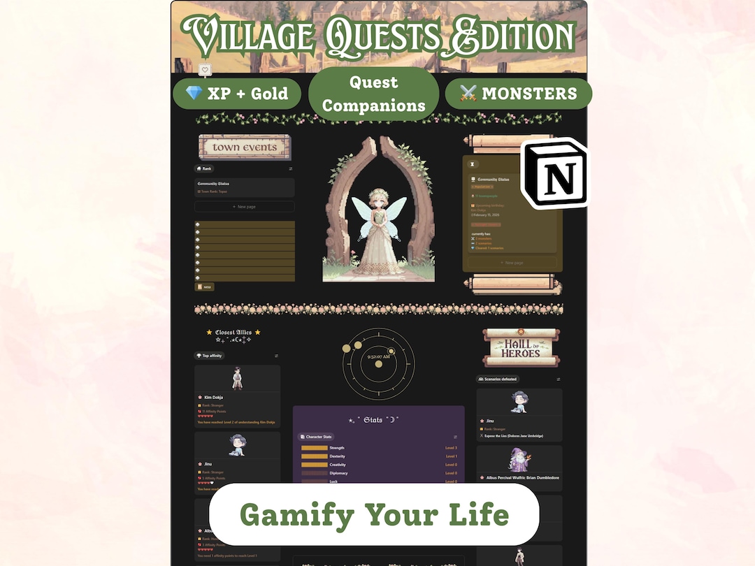 Village Dashboard Gamified Notion Template | With Quests, Habit Tracker ...