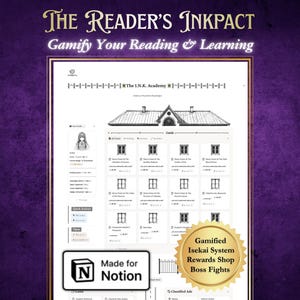 May include: A digital template titled The Reader's Inkpact, Gamify Your Reading & Learning, featuring a Notion interface with a book-themed dashboard, a character profile, a guide section with book icons, and a gold badge labeled Gamified Isekai System.
