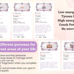 May include: A digital art print featuring character cards with different personas: Scholar, Muggleborn, Tycoon, Couch Potato, and Omniscient Reader. Text includes "Low energy as a Tycoon but High energy as a Couch Potato? No worries!"
