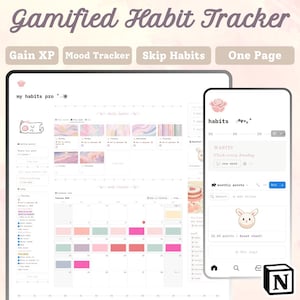 Puede incluir: Interfaz digital de seguimiento de hábitos con el texto "Gamified Habit Tracker". La interfaz incluye opciones para "Gain XP", "Mood Tracker" y "Skip Habits". Un teléfono móvil muestra una aplicación de seguimiento de hábitos.