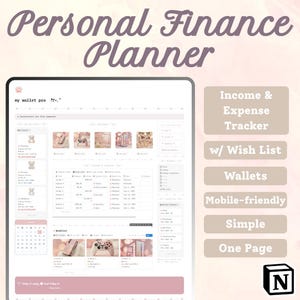 Könnte beinhalten: Ein digitaler Finanzplaner mit einer rosa und weißen Oberfläche. Der Planer enthält einen Einkommens- und Ausgaben-Tracker, eine Wunschliste und Wallet-Funktionen. Der Text auf dem Bild enthält "Personal Finance Planner", "Income & Expense Tracker" und "Mobile-friendly".