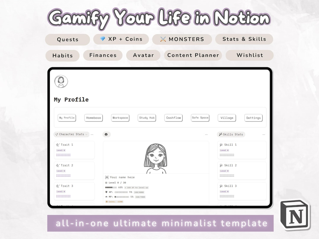 Minimalist Gamified Life Planner Notion Template: RPG Habit Tracker ...