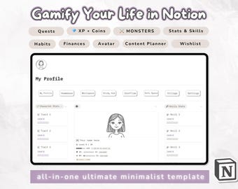 Plantilla de planificador de vida gamificado minimalista: Rastreador de hábitos de rol y varios organizadores de vida