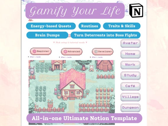 Dream Life Meadow: Gamify Your Life Planner Notion Template | with Personal Finance, Habits, Meal Planners & more!