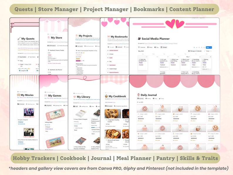 May include: A digital planner template with a pink and white color scheme. The template includes sections for quests, store management, projects, bookmarks, and a social media planner. Additional sections include hobby trackers, a cookbook, and a daily journal.