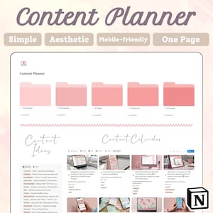 May include: A digital content planner with a simple, aesthetic design. The planner includes sections for content ideas and a content calendar. The title "Content Planner" is displayed at the top, along with the words "Simple", "Aesthetic", "Mobile-friendly", and "One Page".