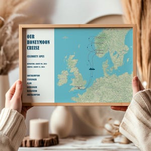 May include: A framed map print of a honeymoon cruise itinerary. The map shows a route from Southampton to various Norwegian ports, including Stavanger and Flam. The text on the left side reads "Our Honeymoon Cruise" and lists the cruise details.