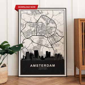 Amsterdam Netherlands Silhouette City Map Travel Poster Any location Map Poster Wall Art Print City Road Street Poster Gift