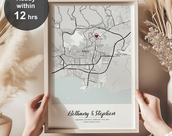 Custom Couple Map Print, Wedding, Marriage, Anniversary, Engagement Gift, Personalized Couple Present (Digital Download)