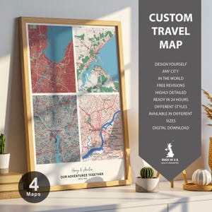 Peut inclure: Une carte de voyage personnalisée encadrée, présentant quatre cartes de villes aux tons rouges, verts et gris. Le cadre est brun clair. Le texte à droite indique "CUSTOM TRAVEL MAP" et des détails sur le produit. Le bas du cadre indique "Harry & Amelia OUR ADVENTURES TOGETHER SINCE 2004".