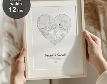 Custom Couple Heart Map Print, Wedding, Marriage, Anniversary, Engagement Gift, Personalized Couple Present (Digital Download)