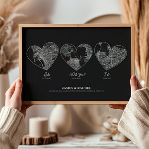 Impresión de arte mural con mapa de corazón personalizado para pareja: Hola, ¿quieres?, ¿nos conocimos?, ¿nos comprometimos?, ¿nos casamos?, regalo personalizado de aniversario de bodas (descarga digital)