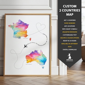 Puede incluir: Impresión enmarcada de un mapa personalizado con representaciones en acuarela de Francia y Australia, conectadas por una línea punteada con un símbolo de corazón. El mapa incluye el texto "Harry & Claire | Our Adventure Begins" y las ubicaciones "Nice France" y "Perth Australia".