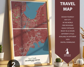 May include: Framed custom travel map in a wooden frame. The map features a red and blue color scheme, with the text "Green Bay" visible. The text "CUSTOM TRAVEL MAP" is displayed on the right side, along with other details. The bottom left corner has a "2 Maps" label.