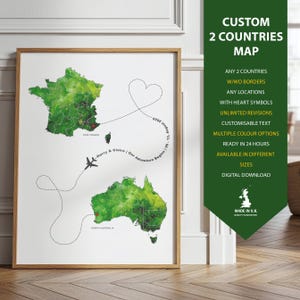 May include: A framed print of a custom map showing France and Australia in green watercolor. The design includes dotted lines, a heart, and an airplane graphic. Text on the map indicates locations and dates, with the phrase "Harry & Claire | Our Adventure Begins".