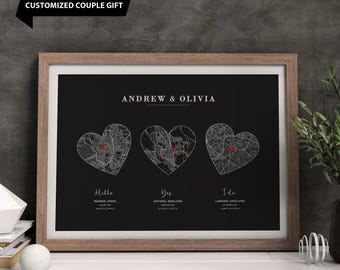 Custom Couple Heart Map Print: Anniversary, Engagement Gift (Digital Download)
