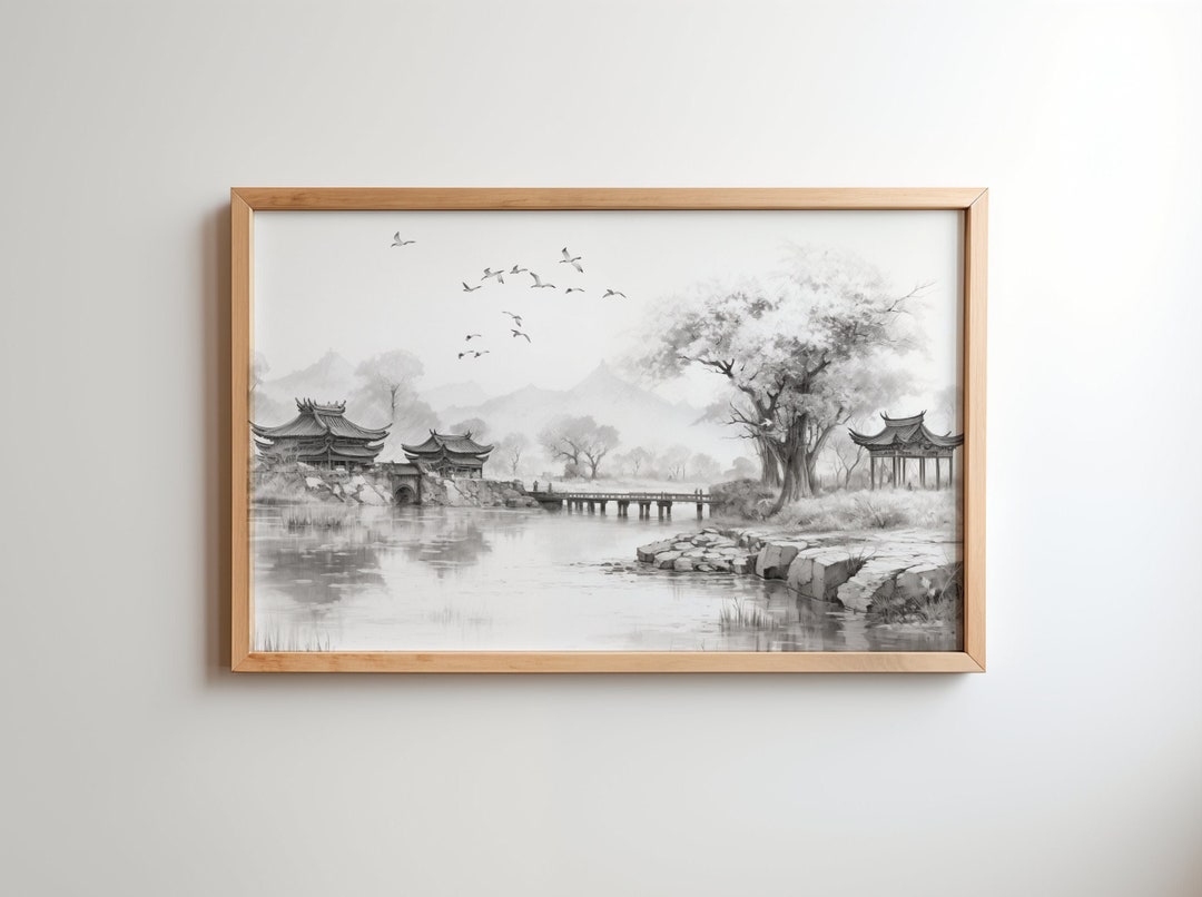 Rustic Chinese Scene Vintage Chinese Landscape Drawing, Rustic River Scene (digital Art) - Etsy