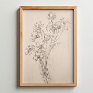 Flower bouquet sketch drawing, wall art, Nature art, pencil sketch, vintage Home Decor, Minimalistic art, plant, digital print, botanical