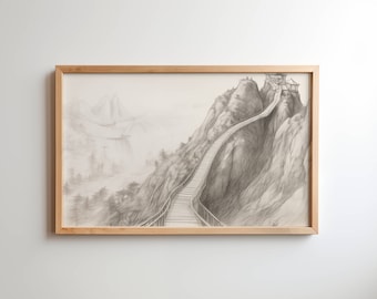 Lámina artística con boceto a lápiz de una cabaña de montaña, paisaje vintage (descarga digital)