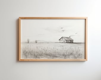 Vintage Farmhouse Pencil Sketch Print, Minimalist Line Art (Digital Download)