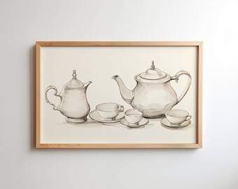 Vintage Tea Set Pencil Sketch Art Print (Digital Download)