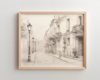 Vintage Cityscape Pencil Sketch, Minimalist Wall Art (Digital Download)