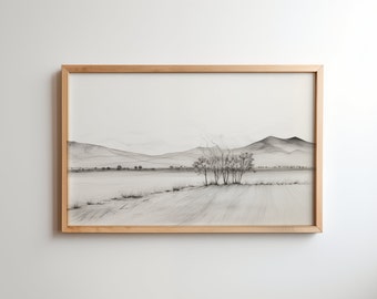 Vintage Landscape Pencil Sketch – Minimalist Mountain Art (Digital Download)