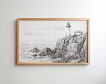 Coastal Lighthouse Pencil Sketch Art, Vintage Nautical Print (Digital Download)