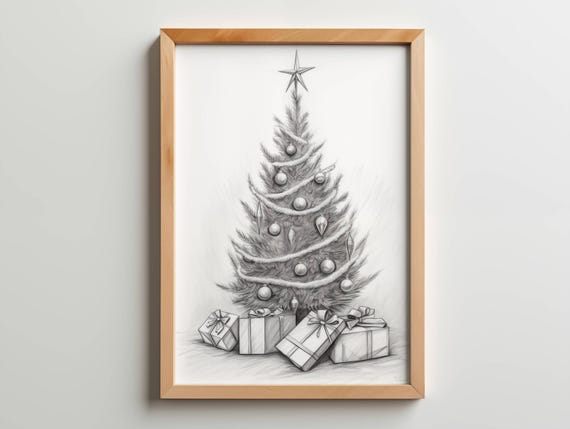 Vintage Weihnachtsbaum Bleistift-Skizze Kunstdruck (Digital Download)