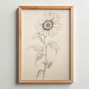 Vintage Sunflower Pencil Drawing, Wall Art, Nature art, pencil sketch, Antique Home Decor, Minimalistic art, plant, digital print, botanical