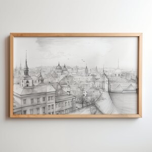 Antique City Rooftops Pencil Sketch, Vintage Urban Art, Minimalistic illustration, Cityscape, Rustic Wall Decor, High-Resolution Printable