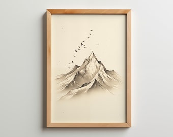 Lámina vintage a lápiz con dibujo de montaña, pájaros volando, arte mural minimalista (descarga digital)