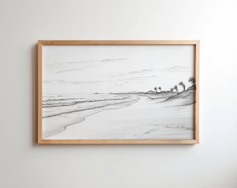 May include: A black and white pencil drawing of a beach scene with palm trees and waves. The drawing is framed in a light wood frame.