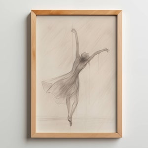 Minimalistische Bleistiftskizze einer Tänzerin, Vintage Stil, elegante Linie, digitale Wandkunst, Balletttänzerin Illustration, hochauflösender Druck