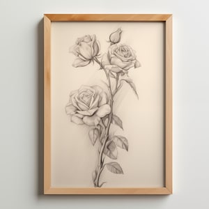 Vintage Rose Sketch Drawing, Wall Art, Flower Art, pencil sketch, Antique Decor, Minimalistic art, plant art, digital print, botanical art