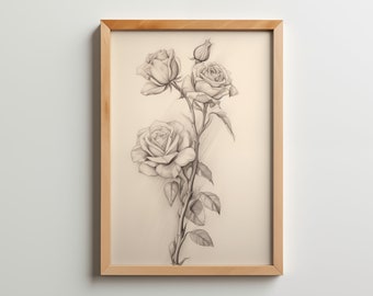 Boceto a lápiz de rosa vintage, arte mural botánico (impresión digital)