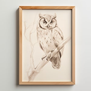 Vintage Owl on a branch drawing, Animal art, pencil sketch, Rustic Home Decor, Minimalistic art, Bird wall art, digital art, Nature print