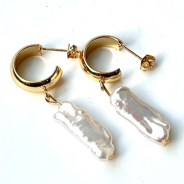 Dangle Hoop Biwa Stick Pearl Earrings