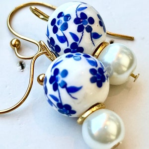 Blue Flower Porcelain Bead Earrings with Pearls