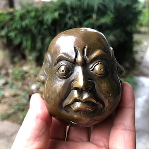 Vintage Bronze Four Faces Buddha Head Sculpture Copper Happy Laugh Maitreya Copper Four Buddha Head Statue  Pleasure Anger Sorrow Joy MCT183