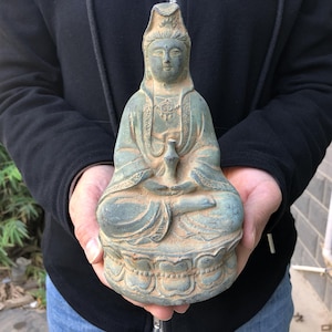 Antique Bronze VTG Guanyin Bodhisattva holding bottle life statue Avalokitesvara Seated ornaments Guan Yin Bodhisattva Goddess of Compassion