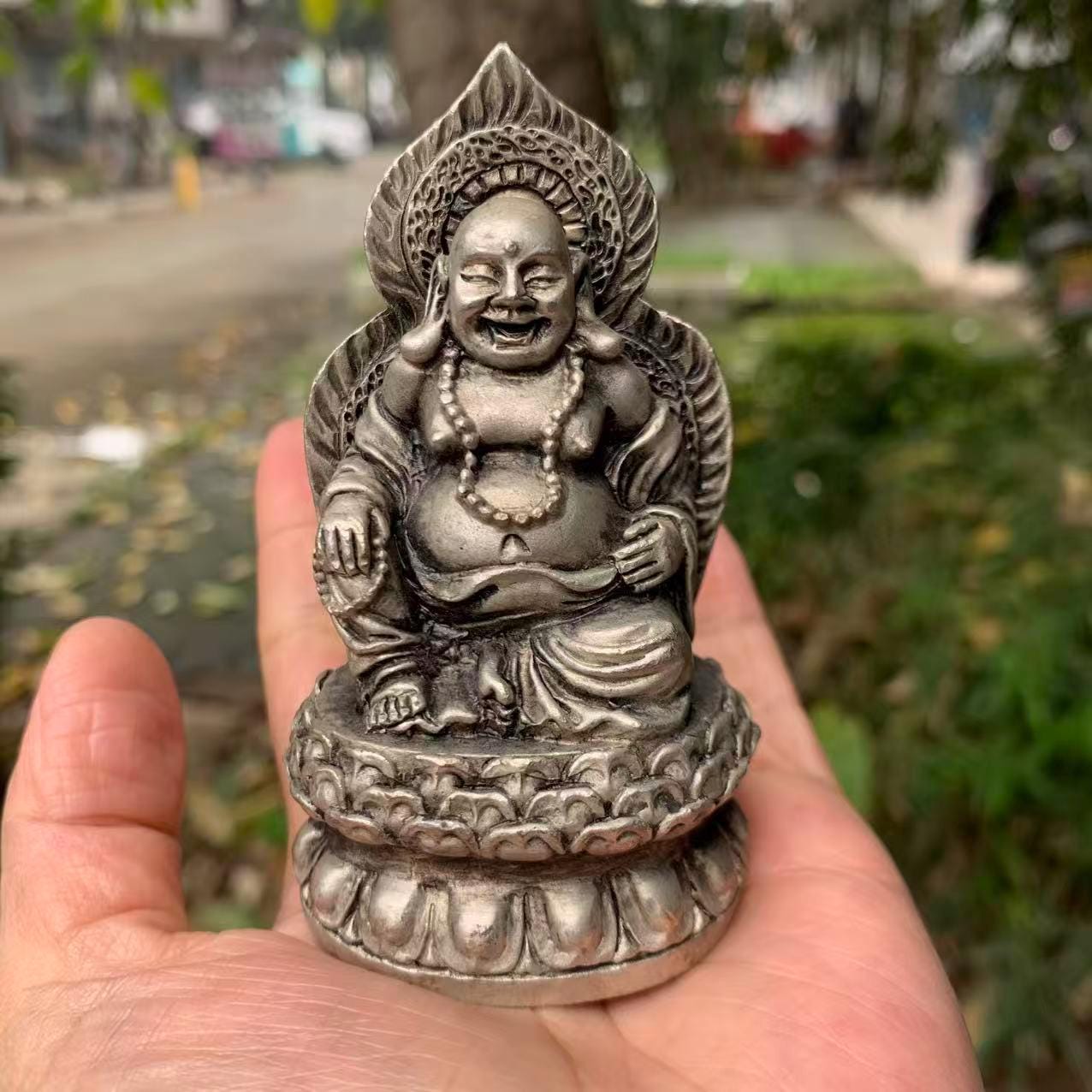 ヴィンテージ ホワイト銅製 笑う仏像 幸運の風水 富の置物 室内装飾