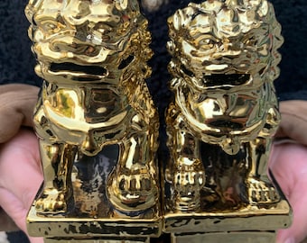 Beijing Guardian Lion Pair Gilded Ceramic Feng Shui Decor Prosperity Dog Statues Home Office Sculpture Gift