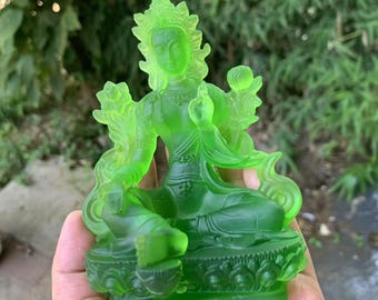 Exquisite Nepal Glass Liuli Crystal Green Tara  Buddha statue ornament,  Green Tara Buddha statue ornament Glaze meditation Zen Crystal