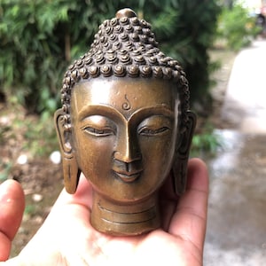 Vintage Bronze Buddha Head Bust Small Zen Meditation Copper Casting, Detail Decorative Metal Buddha Bust Thai Head of Buddha Shakyamuni B789