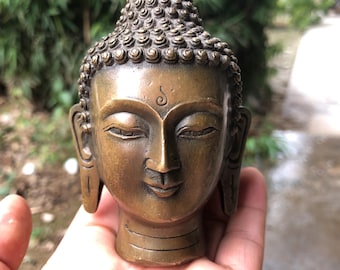 ヴィンテージブロンズ仏頭（木製台座付き） – 11インチ – タイ風
