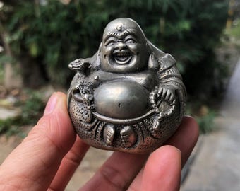 白銅製 幸せに笑う弥勒仏 富の像 丸型 笑う 微笑む仏像 仏教 幸福 富の
